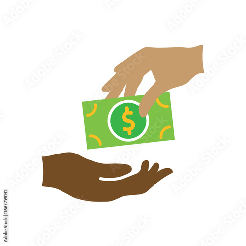 transaction icon. money. two hands giving and receiving banknotes. paying, economy, money. Flat design style