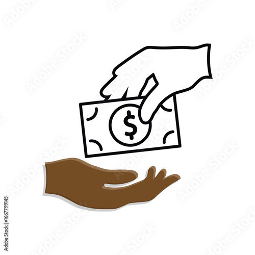 transaction icon. money. two hands giving and receiving banknotes. paying, economy, money. Mixed design style