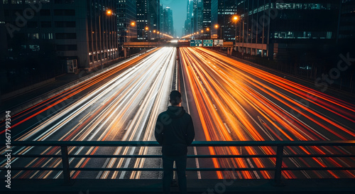 Person standing on a bridge watching long exposure light trails from city traffic at night, symbolizing speed and modern life