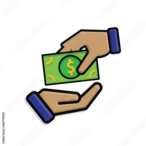 transaction icon. symbol of giving money. two hands giving and receiving banknotes. paying, economy, money. isometric design style