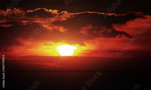 Image of dramatic twilight sky look like atomic bomb with bright light fire and hot atmosphere shape by clouds and bright sun. Image use for environmental presentation background.