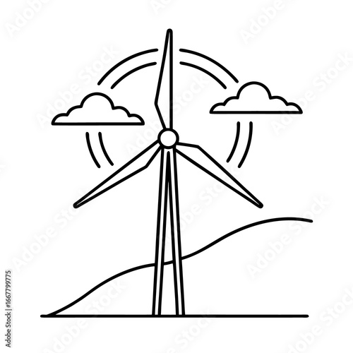 Colorful silhouette of a parasol cocktail umbrella and wind turbine on the beach with blue sky generating green power