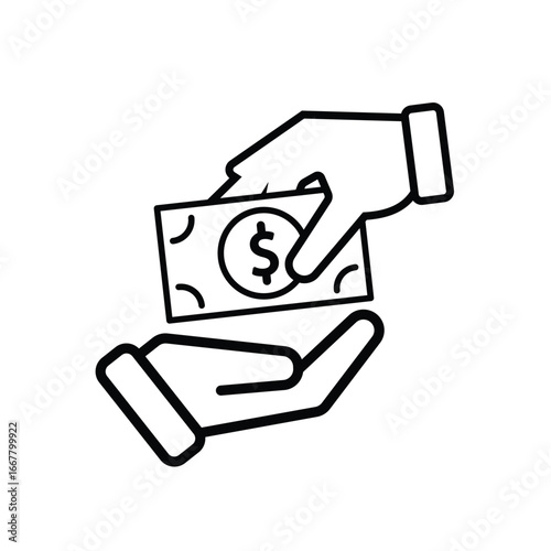 transaction icon. symbol of giving money. two hands giving and receiving banknotes. paying, economy, money. Outline design style