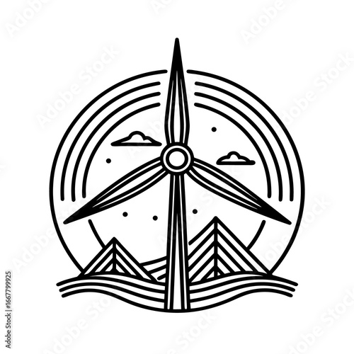 A nautical vector emblem with a compass rose symbol on a blue background of a sailing ship on the ocean waves