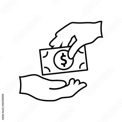 transaction icon. money. two hands giving and receiving banknotes. paying, economy, money. Outline design style