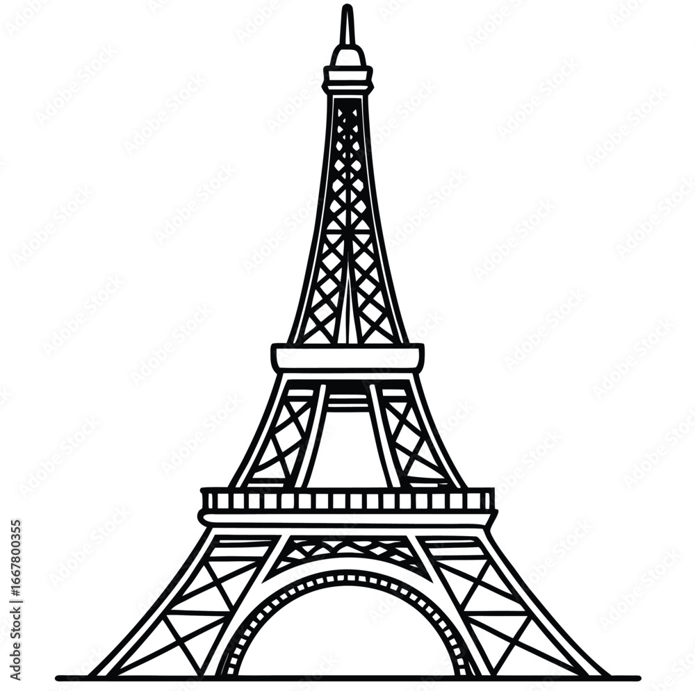 Fototapeta premium Black Eiffel Tower vector silhouette against a white background, a famous French landmark and symbol of Parisian travel and tourism