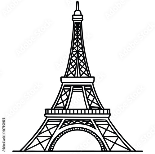 Black Eiffel Tower vector silhouette against a white background, a famous French landmark and symbol of Parisian travel and tourism