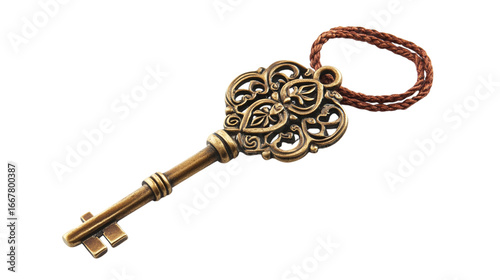 Vintage brass key isolated on transparent background 