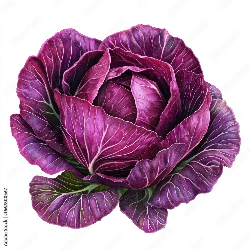 Obraz premium A vibrant purple cabbage with smooth leaves, isolated on white background color, photorealistic accuracy, good composition, high resolution