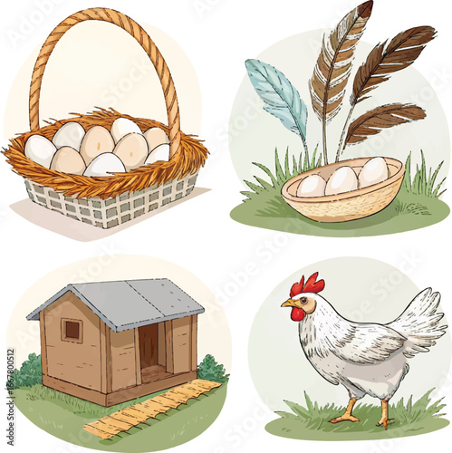 Farm and Poultry Icons – Egg Basket, Nest with Feathers, Chicken Coop, and Hen Illustration