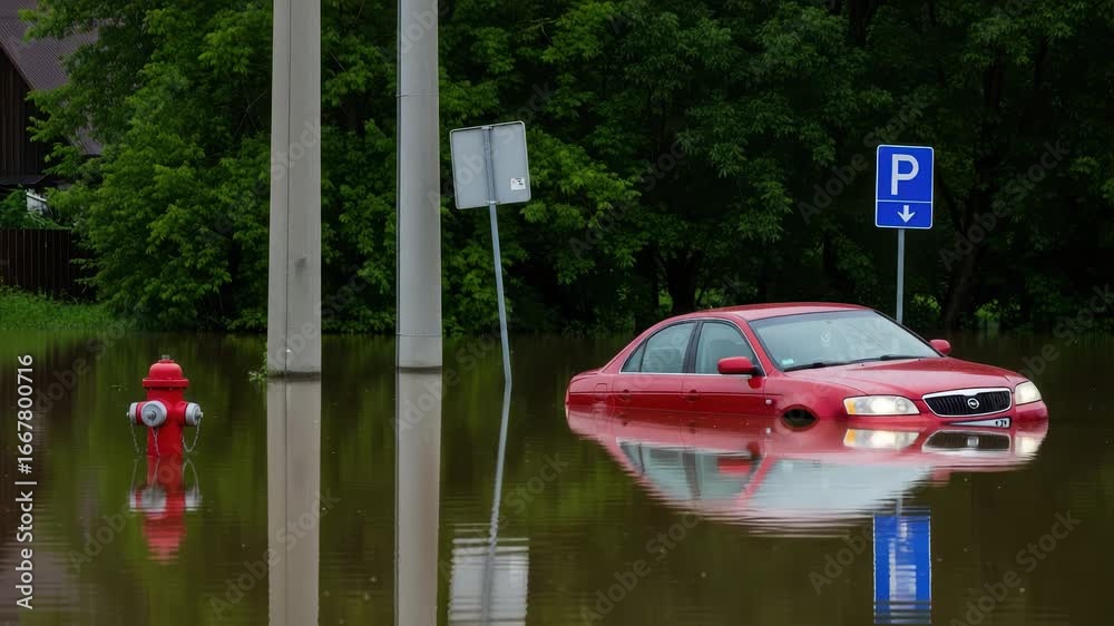 A red car and a fire hydrant are submerged in floodwaters on a street ...