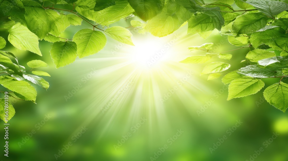Obraz premium Bright Sunlight Peeking Through Vibrant Green Tree Leaves Creating a Fresh Natural Scene