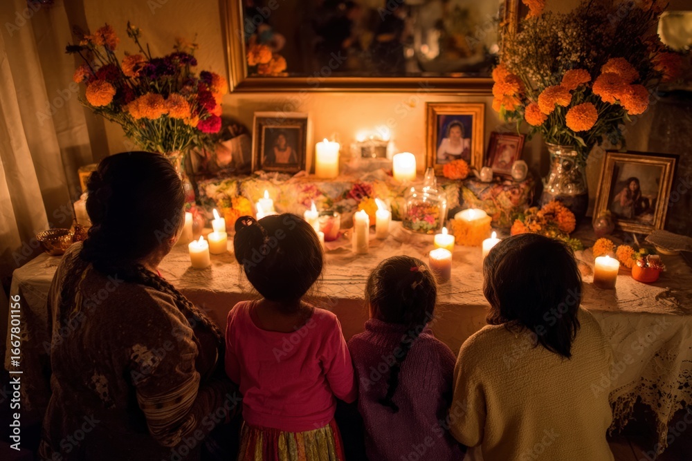 Obraz premium Family gathered around an altar adorned with candles, marigolds, and photographs, celebrating Dia de los Muertos, honoring loved ones with vibrant offerings and heartfelt remembrance