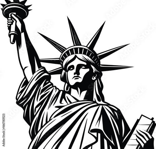 Black and white vintage vector illustration of the Statue of Liberty drawing with a woman's face