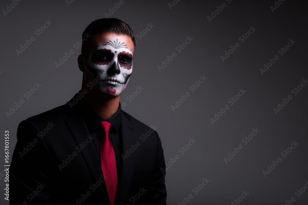 Fototapeta premium Man with intricate sugar skull face paint, dressed in a black suit and red tie, embodies the spirit of Dia de los Muertos with a striking and vibrant appearance