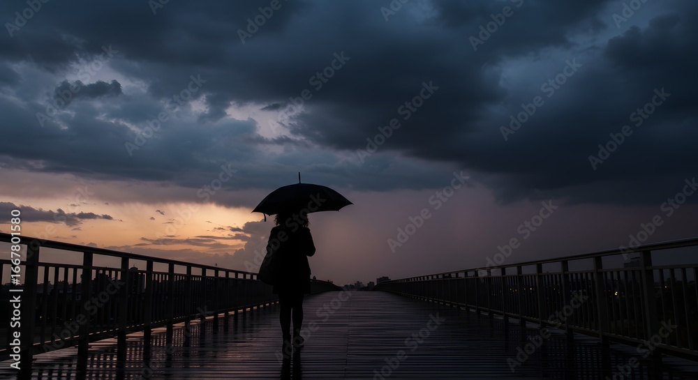 Fototapeta premium Silhouette with Umbrella Walking in Rain