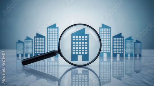 Magnifying glass focusing on a building representing real estate investment, business growth, and property search in a modern cityscape