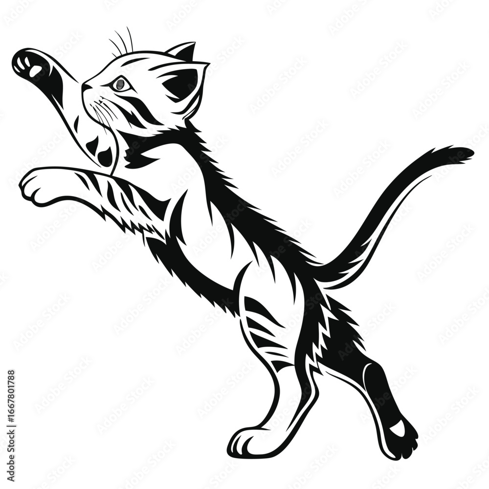 Obraz premium Black and white illustration of a playful kitten jumping.