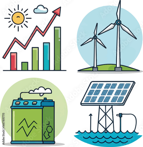 Renewable Energy and Growth Icons – Solar Panel, Wind Turbines, Battery, and Business Growth Chart