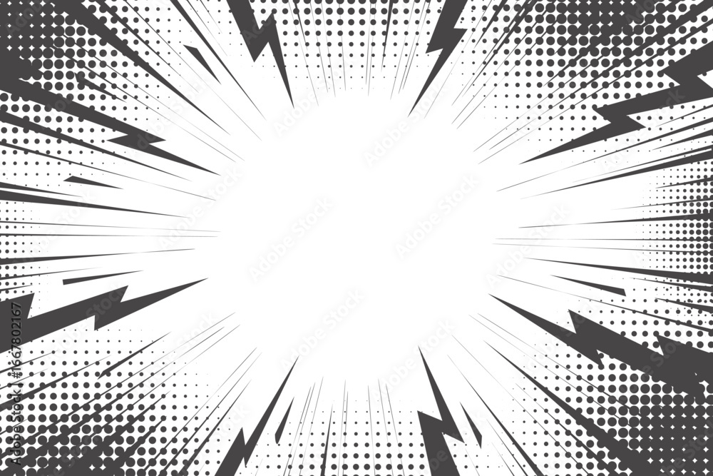 Fototapeta premium Thunder bolt background with comic speed lines effect end halftone texture. Flash and lightnings electric explosion. Anime vector illustration with radial rays. Dynamic retro frame