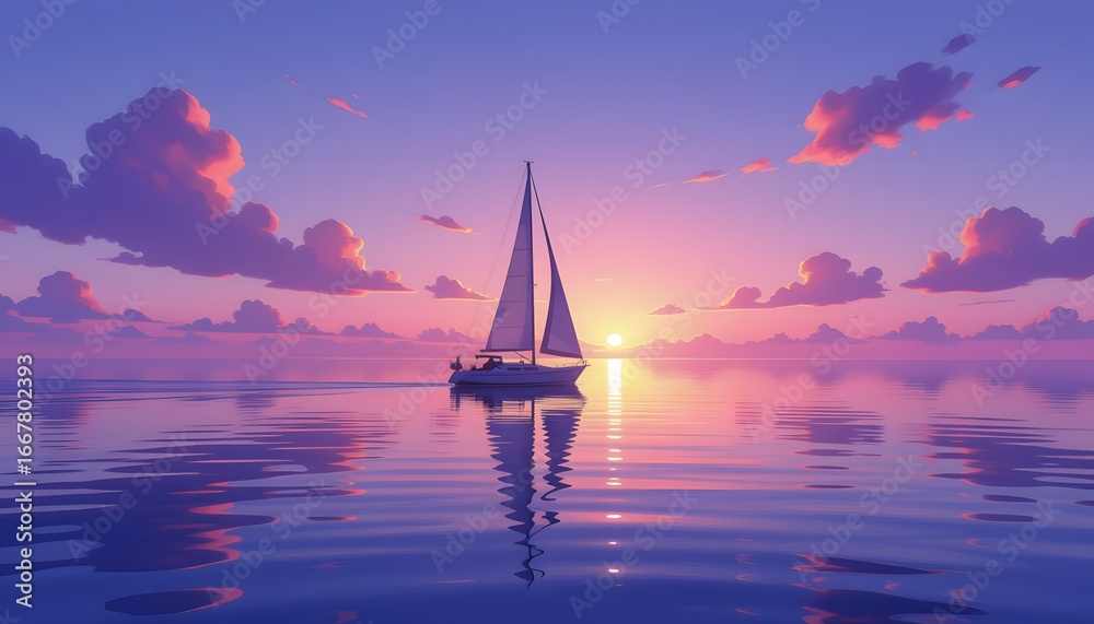 Fototapeta premium Sailboat at Sunset Serene Ocean Scene with Vivid Sky