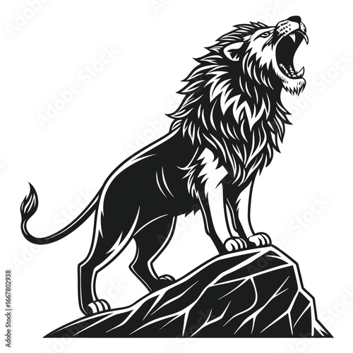 Roaring lion standing on a rock, a powerful and majestic animal illustration.