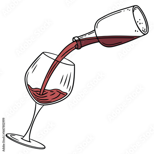 Red wine being poured into a wine glass from a bottle.