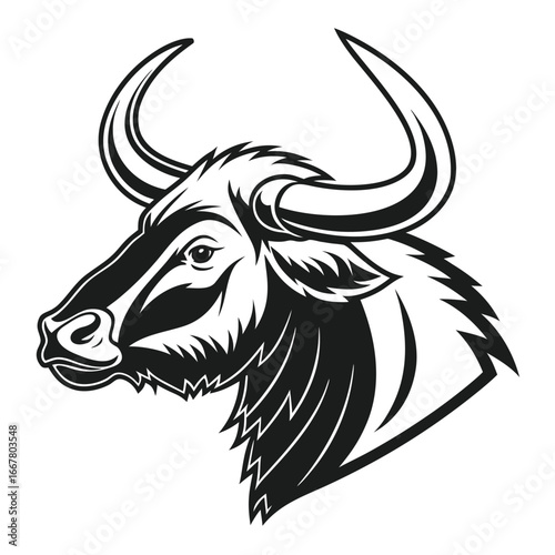 Monochrome illustration of a bull's head in profile.