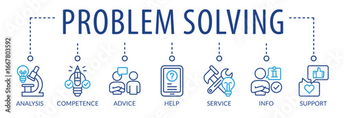 Banner problem solving vector illustration concept with icons and keywords