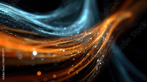 Abstract flowing lines of light, orange and blue, on dark background
