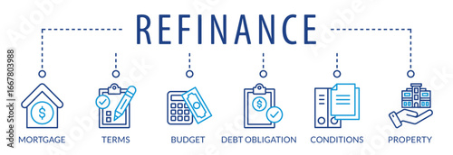 Vector illustration of refinance. Refinancing is the replacement of an existing debt obligation with another debt obligation under different terms