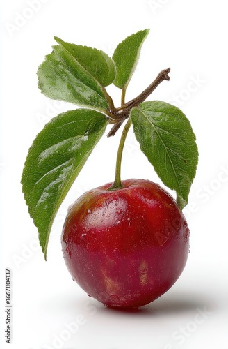 Single, vibrant red plum with green leaves