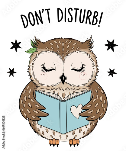 Cute Sleeping Owl Reading Book with Quote "Don’t Disturb!" – Adorable Cartoon Animal for Book Lovers, Introverts & Library Posters | Vector Illustration