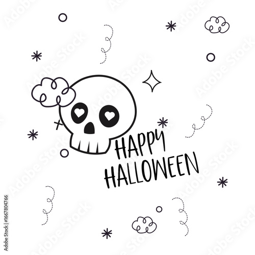 Minimalist Halloween vector with skull, linear doodles, zigzag elements and Happy Halloween 
