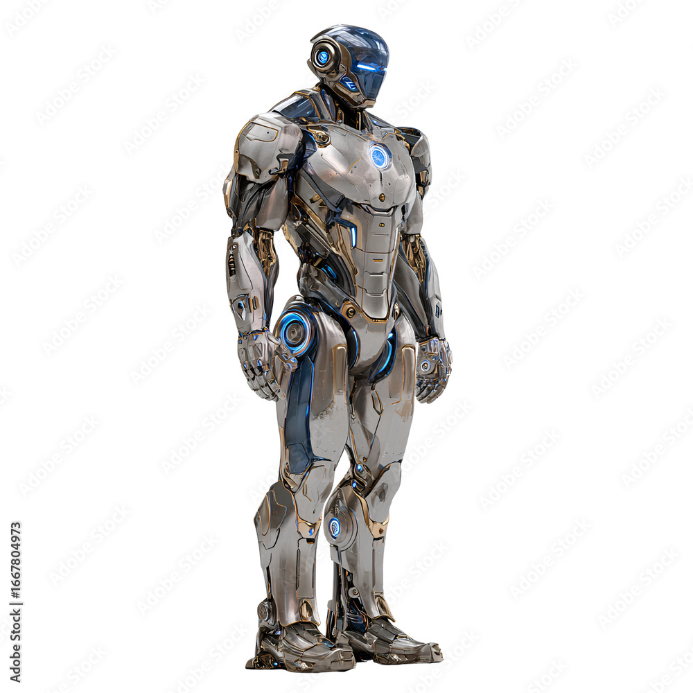 Fototapeta premium Futuristic Humanoid Robot with Metallic Armor and Blue Lights