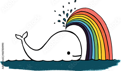 rainbow in the sea, A cartoon whale spouting a rainbow of water while swimming in the ocean on a white background