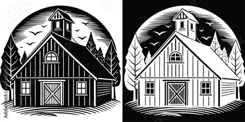 Charming rustic barn nestled among pine trees under a dramatic sky with soaring birds