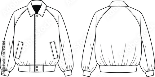 Bomber jacket vector template, front and back view, fashion flat sketch, outerwear mockup, casual clothing design outline, unisex apparel illustration