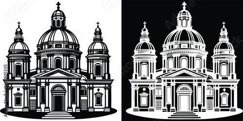 Majestic cathedral facade with grand domes and intricate architectural details, exuding timeless elegance and historical significance.