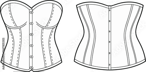 Corset flat sketch, front and back view, fashion technical drawing, sweetheart neckline, garment illustration, apparel design, sewing pattern, structured bodice