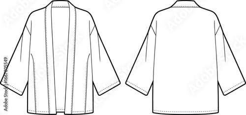 Kimono cardigan vector template, front and back view, fashion flat sketch, long sleeve outerwear mockup, apparel design outline, casual wear illustration