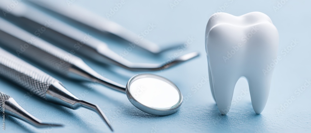 Fototapeta premium Close-up of dental tools including mirror probe and scaler alongside a healthy model tooth on a dental clinic blue background