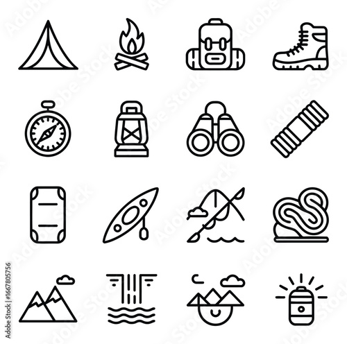 Outdoor adventure gear and nature scenes camping hiking