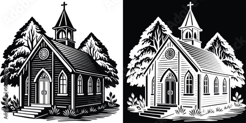 Charming wooden church nestled among evergreen trees evokes peaceful community gathering and spiritual solace