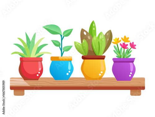 Colorful ceramic pots with vibrant indoor plants on wooden shelf

