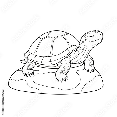 Turtle sunbathing coloring page, calm reptile line art.