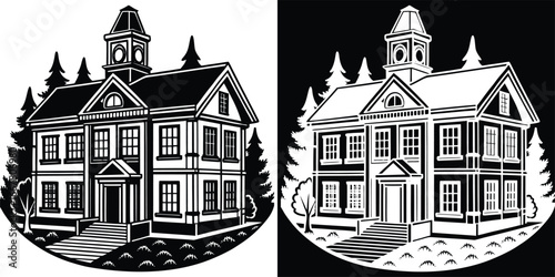 Classic schoolhouse building with clock tower nestled among pine trees on a hill, evoking nostalgia and tradition.