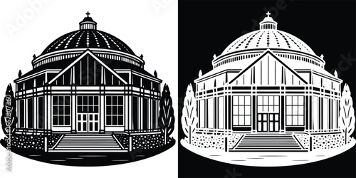 Stunning architectural illustration of a grand conservatory building with a domed roof and ornate details, perfect for historical or botanical themes.