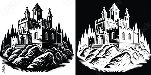 Majestic castle silhouette atop rugged mountains evokes timeless grandeur and historical adventure, perfect for fantasy themes