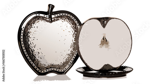Illustration of a whole apple shaped dish and a halved apple on a decorative plate on a white background silhouette